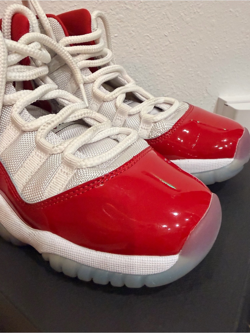 Jordan Kids Red and White Patent Leather Sneakers